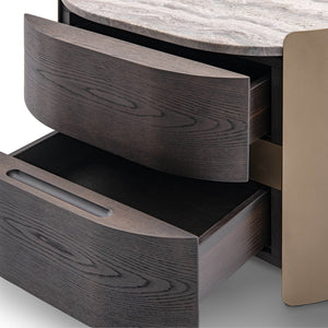 Maison Debrah Ovarne nightstand with curved brass body, travertine top and two drawers — view 4