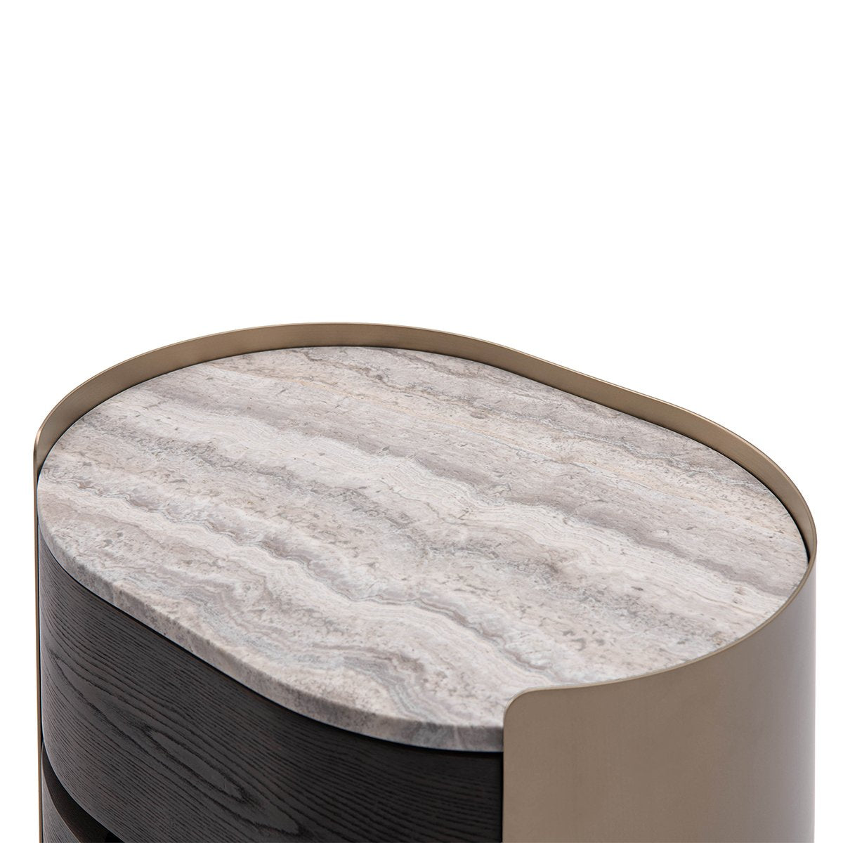 Maison Debrah Ovarne nightstand with curved brass body, travertine top and two drawers — view 3
