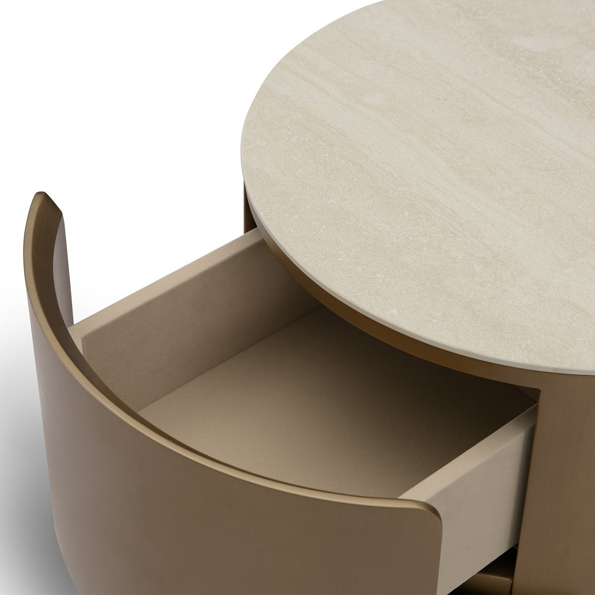 Maison Debrah Arvis cylindrical brass nightstand with white ceramic top and single drawer — view 3