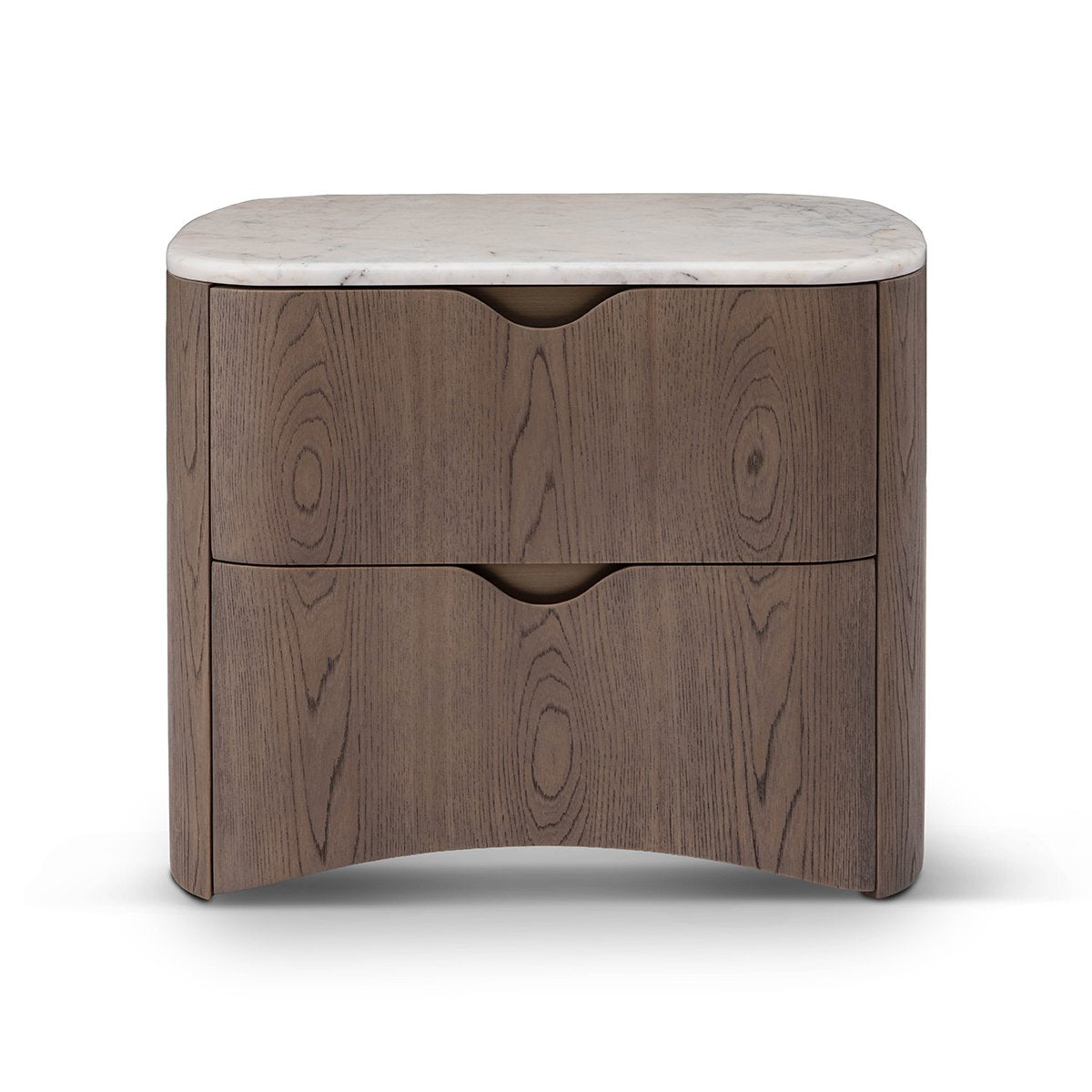 Maison Debrah Calmène marble-topped elm nightstand with two drawers and wave-shaped pulls