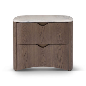 Maison Debrah Calmène marble-topped elm nightstand with two drawers and wave-shaped pulls