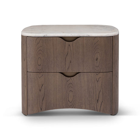 Maison Debrah Calmène marble-topped elm nightstand with two drawers and wave-shaped pulls