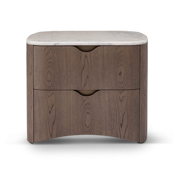 Calmène Marble-Topped Elm Nightstand with Two Wave-Pull Drawers, Maison Debrah, , ,