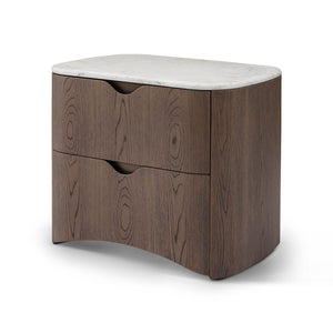 Maison Debrah Calmène marble-topped elm nightstand with two drawers and wave-shaped pulls — view 2