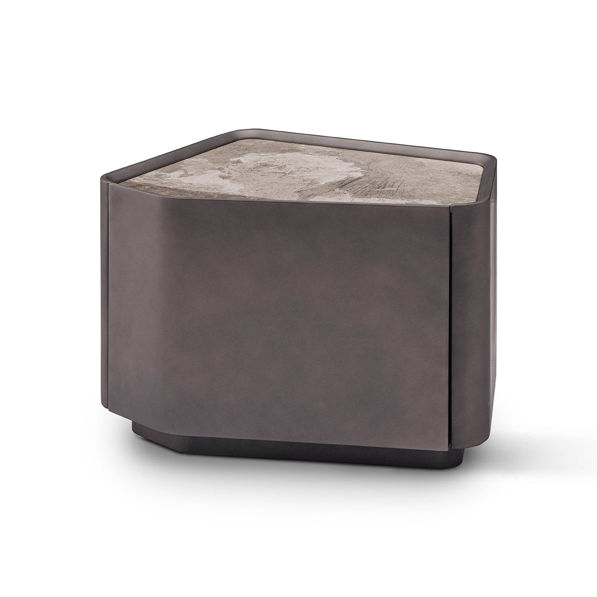 Maison Debrah Facène nightstand with leathered brown marble top and angled grey faceted body — view 2