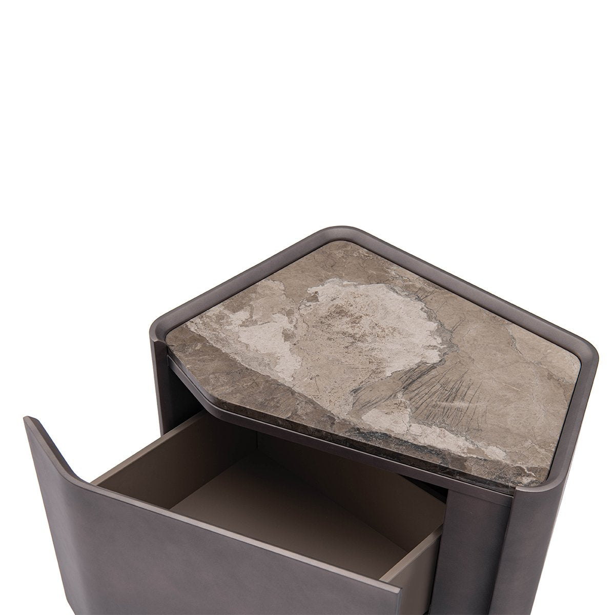 Maison Debrah Facène nightstand with leathered brown marble top and angled grey faceted body — view 3