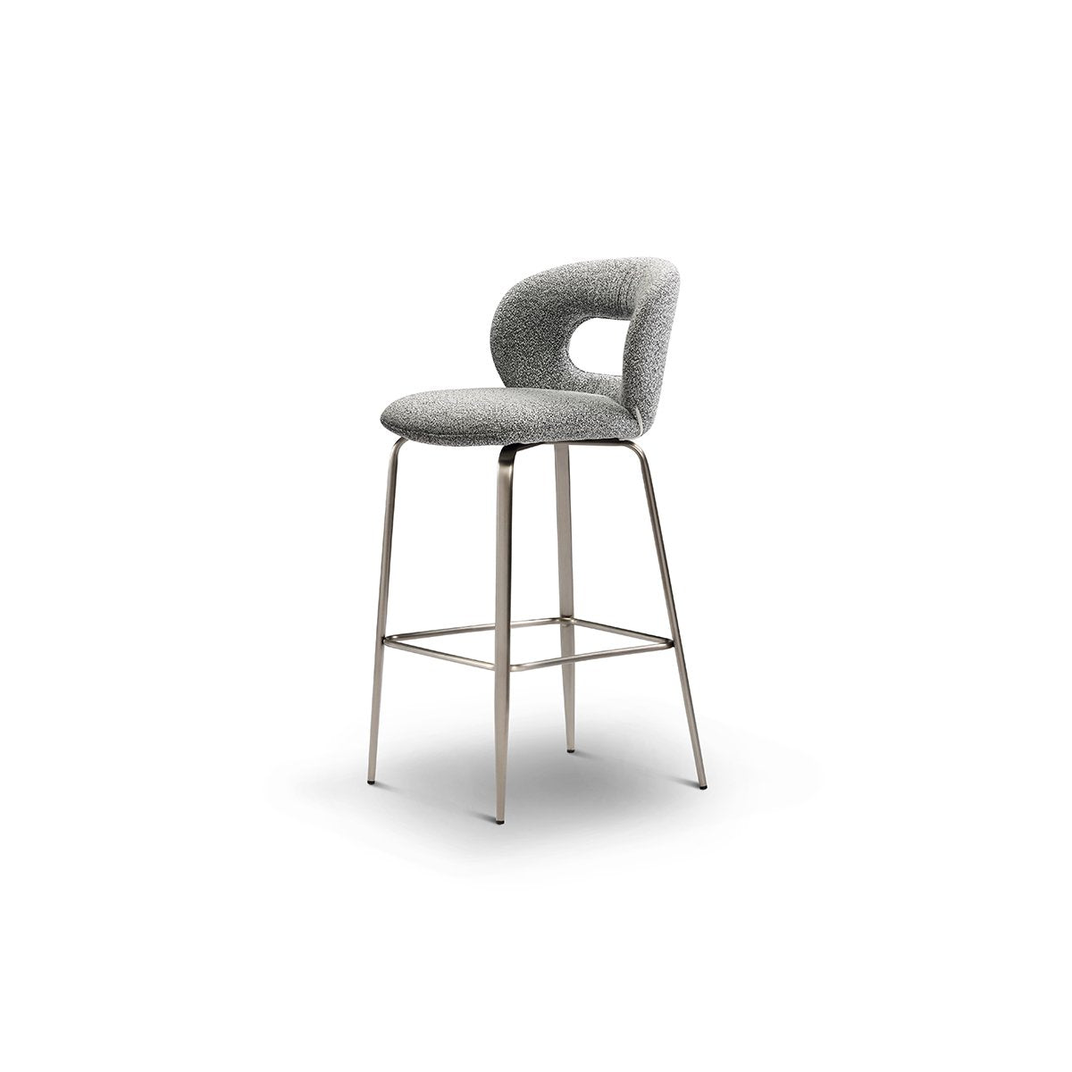 Maison Debrah Estrin grey bouclé bar chair with open-back cutout and brushed bronze frame — view 2