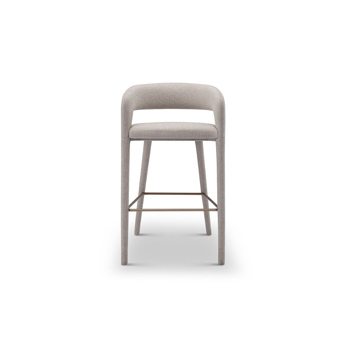 Maison Debrah Gresta bar stool in warm grey fabric with curved back and brushed copper legs