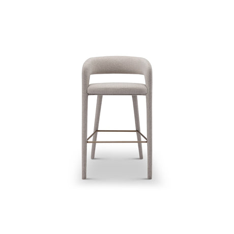 Maison Debrah Gresta bar stool in warm grey fabric with curved back and brushed copper legs