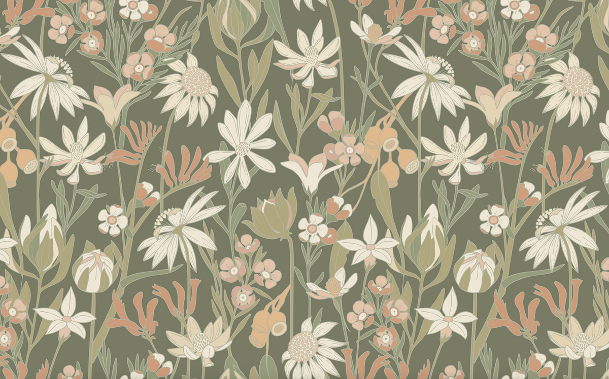 Bushwalk wallpaper mural in Moss by Natty & Polly, Australian native flora and fauna, design detail