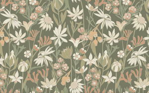Bushwalk wallpaper mural in Moss by Natty & Polly, Australian native flora and fauna, design detail