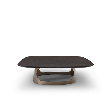 Maison Debrah Wavon square coffee table with dark oak top and oval brass base with arched opening