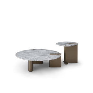 Maison Debrah Element low round coffee table with matte white marble top and brass legs — view 3