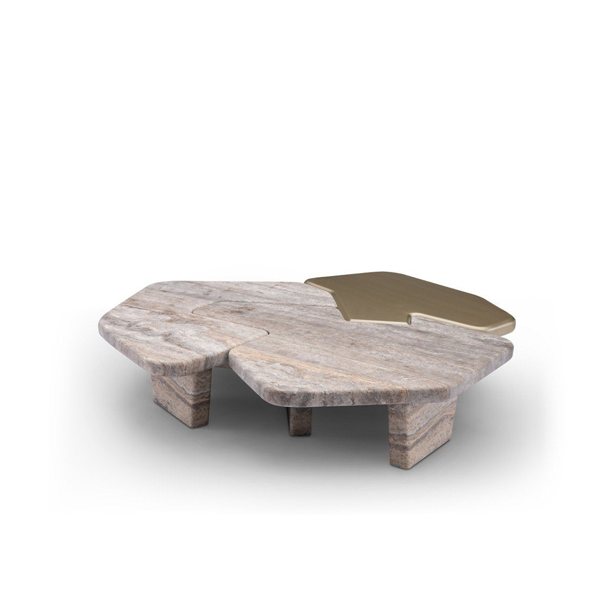 Ravello Three-Piece Travertine Coffee Table Set in Silver Grey & Brass, Maison Debrah, , ,