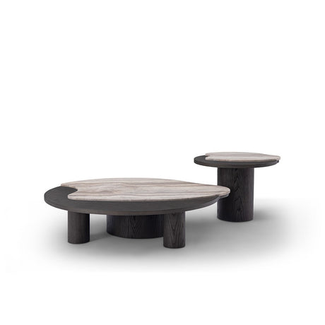 Maison Debrah Marsten kidney-shaped silver grey travertine coffee table on brass legs — view 2