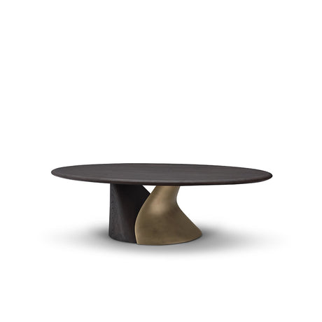 Maison Debrah Virex oval coffee table with dark grey elm top and contrasting timber and brass legs