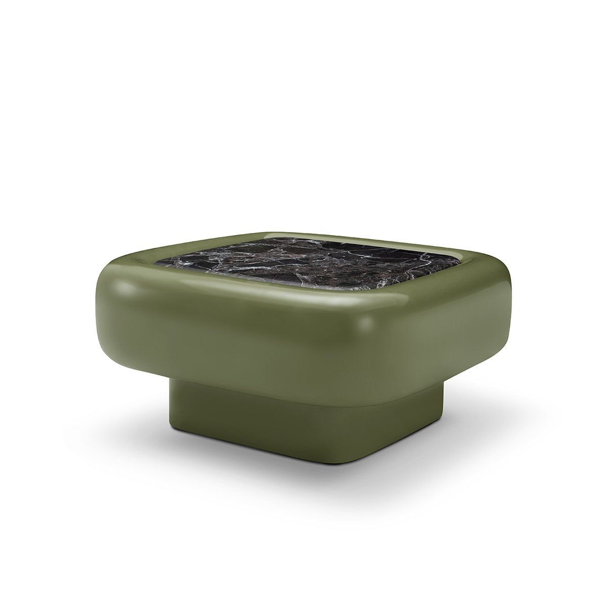 Maison Debrah Selmor square coffee table in olive gloss lacquer with green marble top