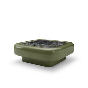 Maison Debrah Travin square coffee table in khaki gloss lacquer with inset travertine top