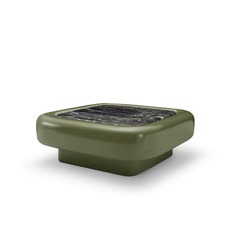 Maison Debrah Travin square coffee table in khaki gloss lacquer with inset travertine top