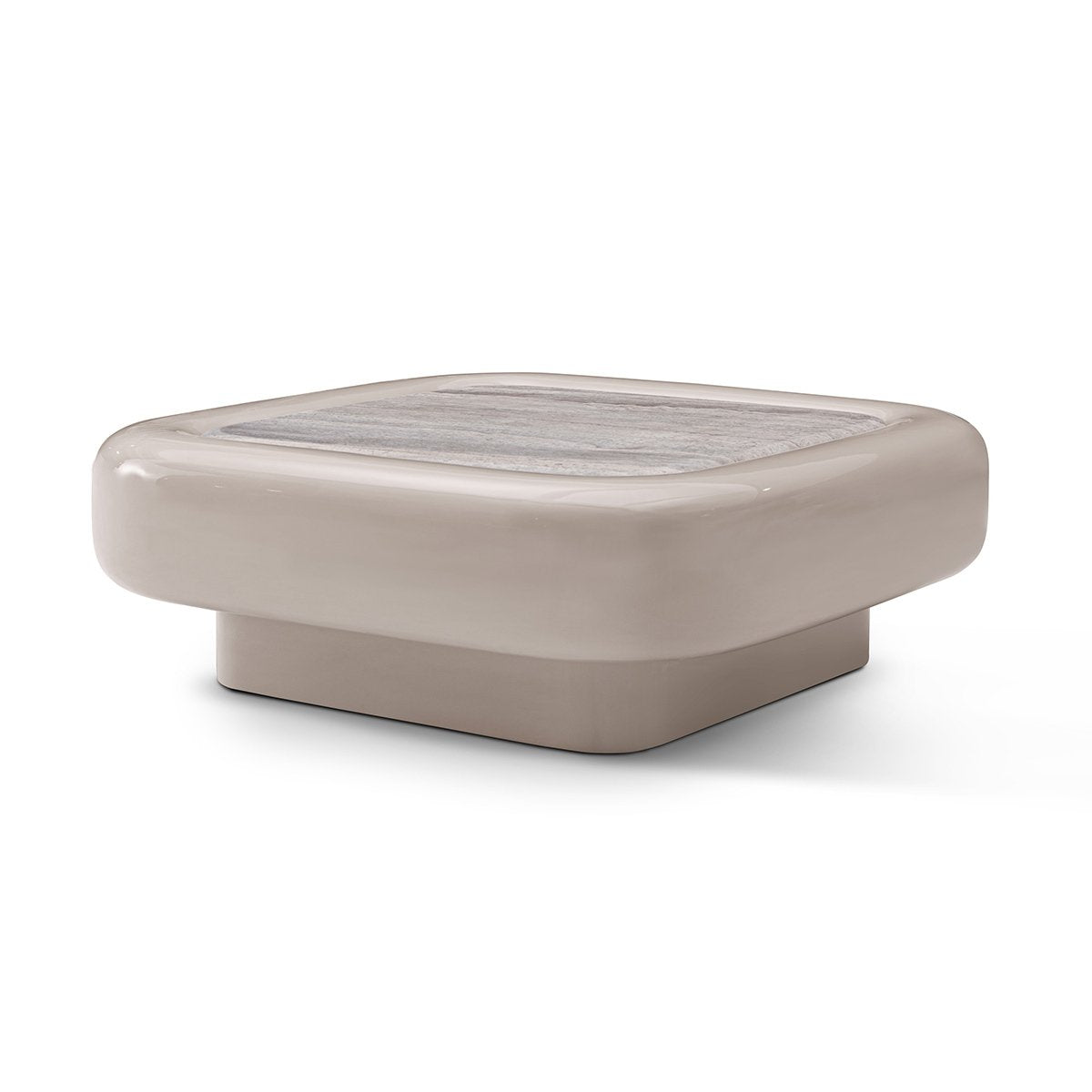 Maison Debrah Travin square coffee table in khaki gloss lacquer with inset travertine top — view 3