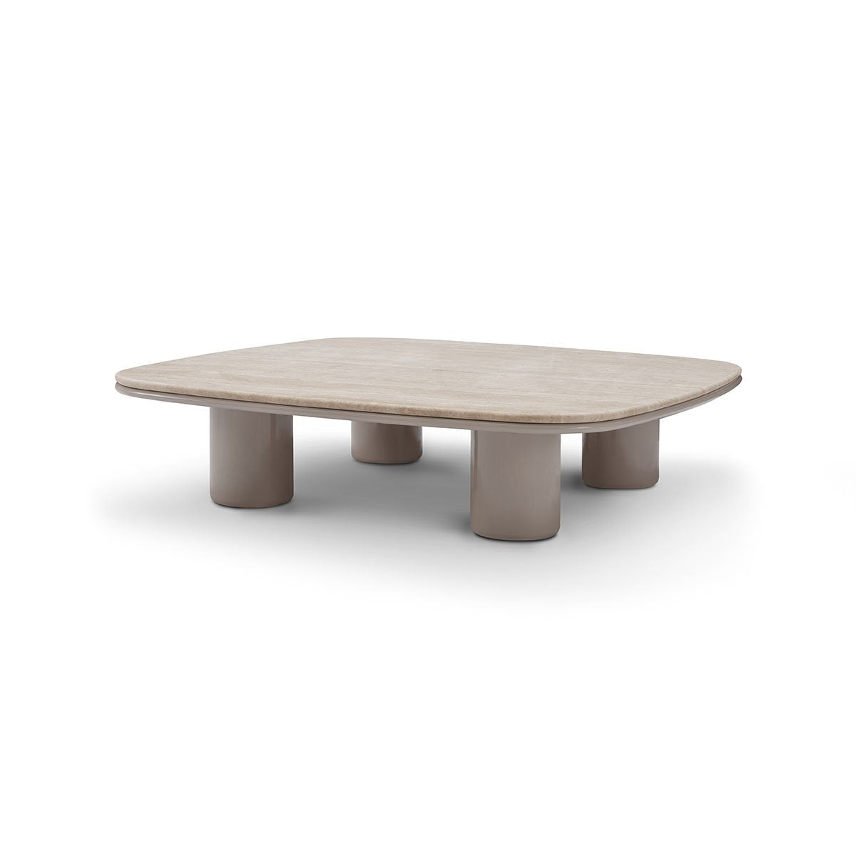 Maison Debrah Elyon low coffee table with matte white travertine top on khaki high-gloss base