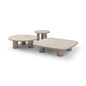 Maison Debrah Torvo round white travertine side table on an olive green gloss pedestal — view 3