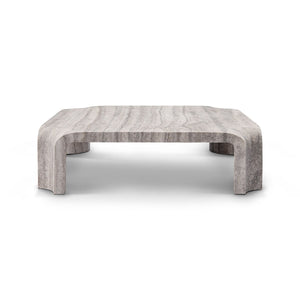 Maison Debrah Graven set of two silver grey travertine tables with rounded corners