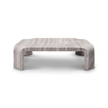 Maison Debrah Graven set of two silver grey travertine tables with rounded corners