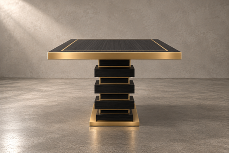 Strata Flush Brass Inlay Dining Table in Black Veneer with Pedestal Base – CUSTOMISE, Cocolea, , ,