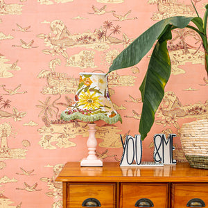 Castaway wallpaper in Coral by Natty & Polly, styled in an interior