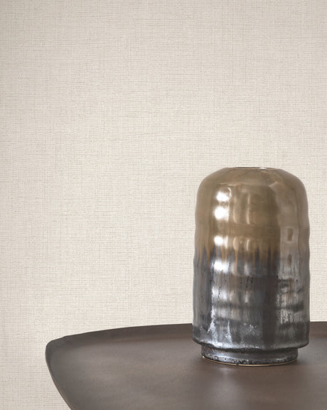Caractère wallpaper in Limestone White by Natty & Polly, styled in a living room