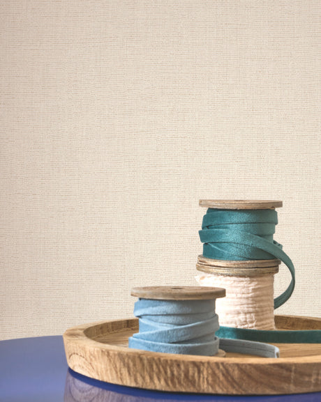 Caractère wallpaper in Cotton White by Natty & Polly, styled in a living room