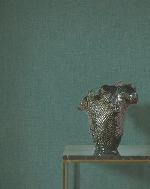 Caractère wallpaper in Peacock by Natty & Polly, styled in a living room