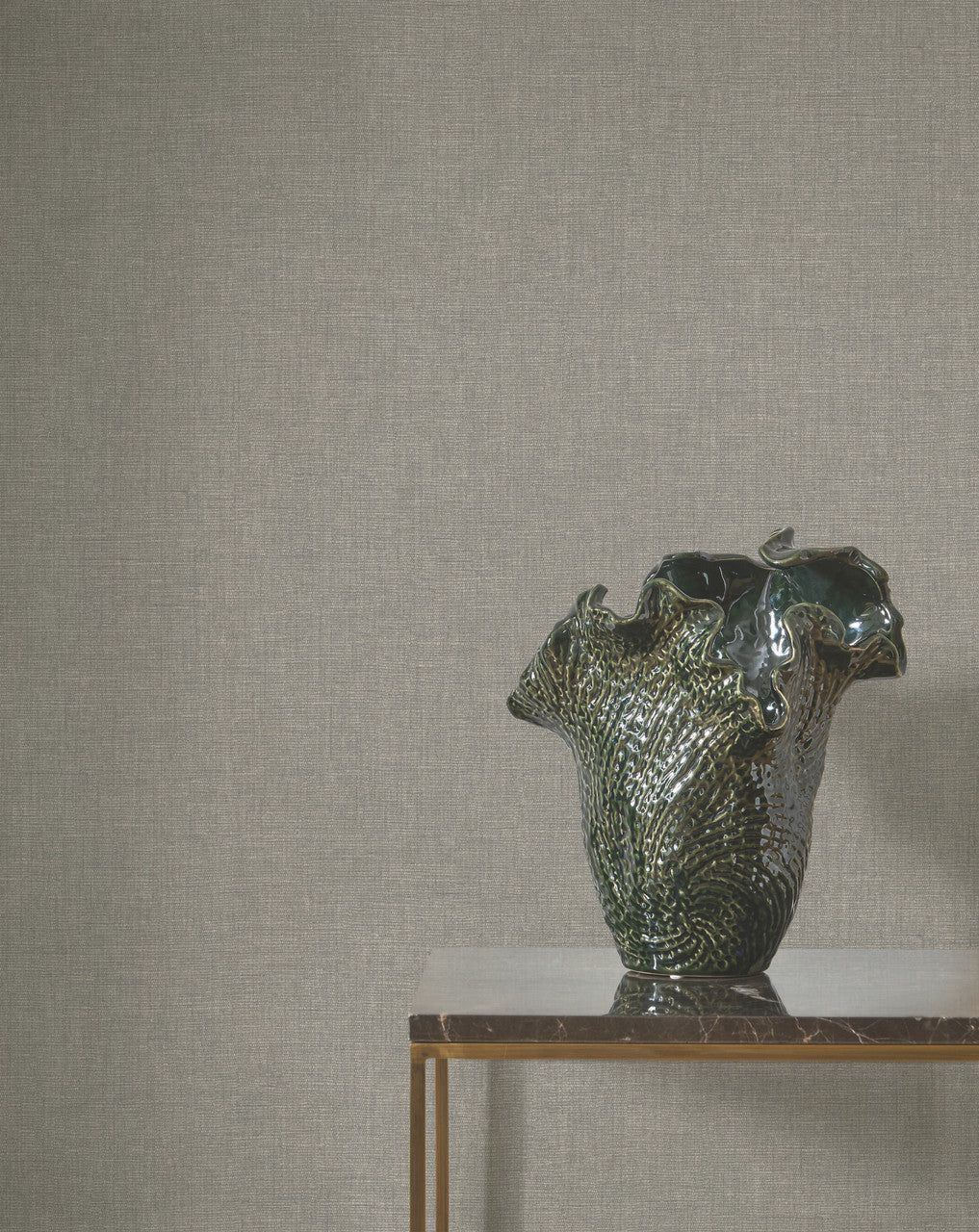 Caractère wallpaper in Mouse Grey by Natty & Polly, styled in a living room