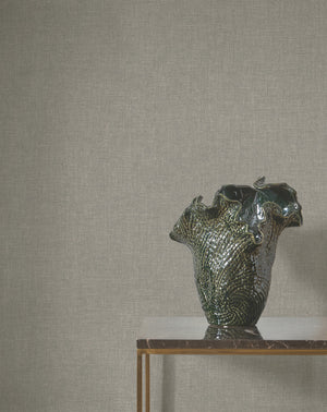 Caractère wallpaper in Mouse Grey by Natty & Polly, styled in a living room
