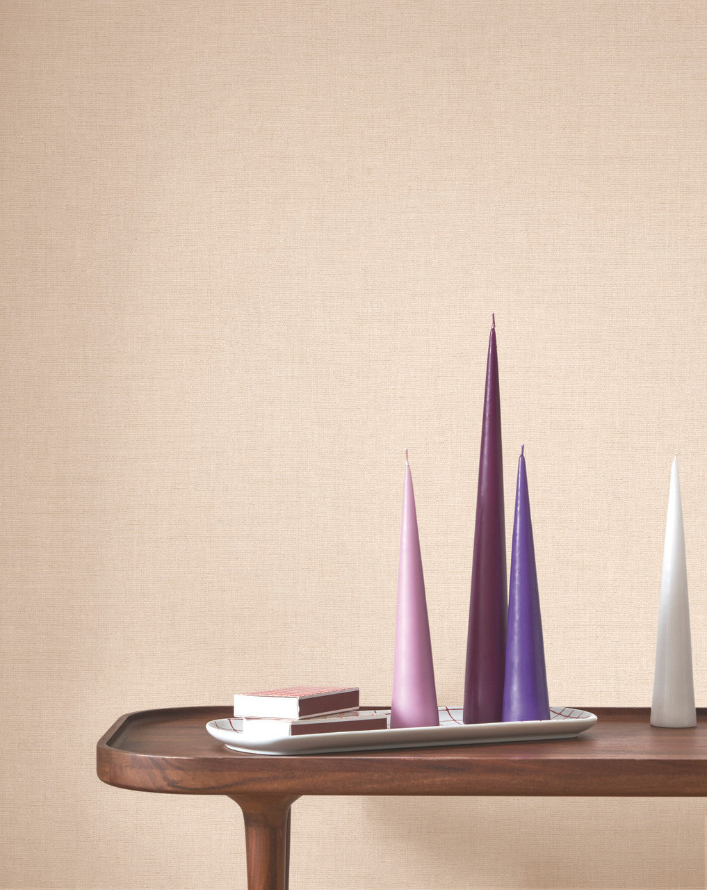Caractère wallpaper in Nude Rose by Natty & Polly, styled in a living room