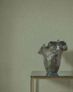 Caractère wallpaper in Eucalyptus by Natty & Polly, styled in a living room