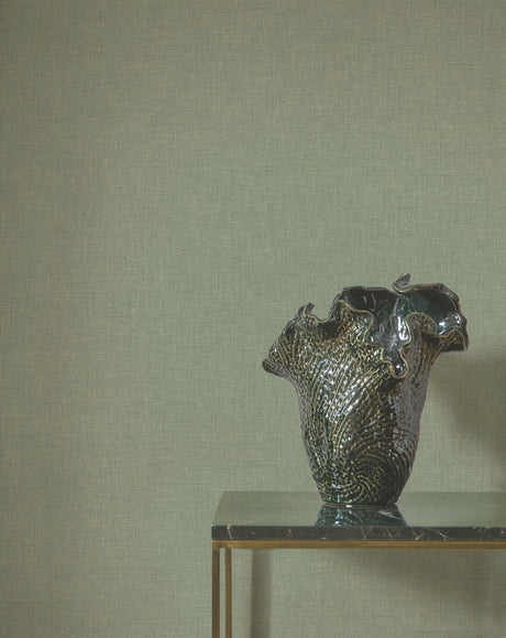 Caractère wallpaper in Eucalyptus by Natty & Polly, styled in a living room