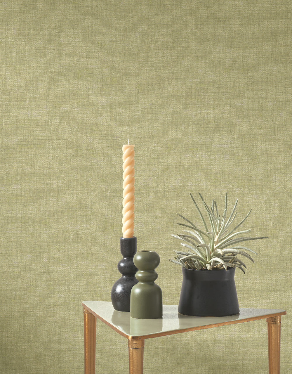 Caractère wallpaper in Tea Green by Natty & Polly, styled in a living room