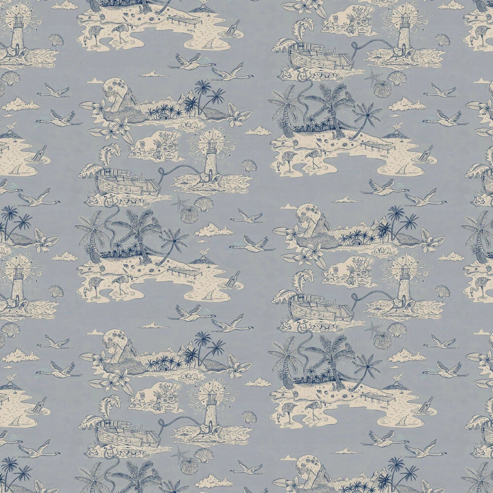 Castaway wallpaper in Sky Blue by Natty & Polly, full pattern view