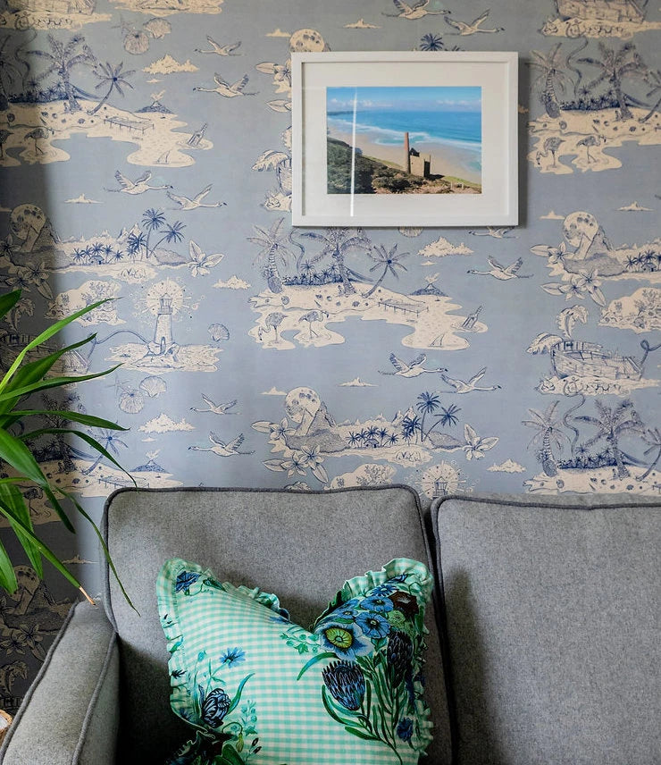 Castaway wallpaper in Sky Blue by Natty & Polly, styled in an interior
