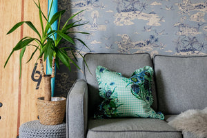Castaway wallpaper in Sky Blue by Natty & Polly, styled in an interior
