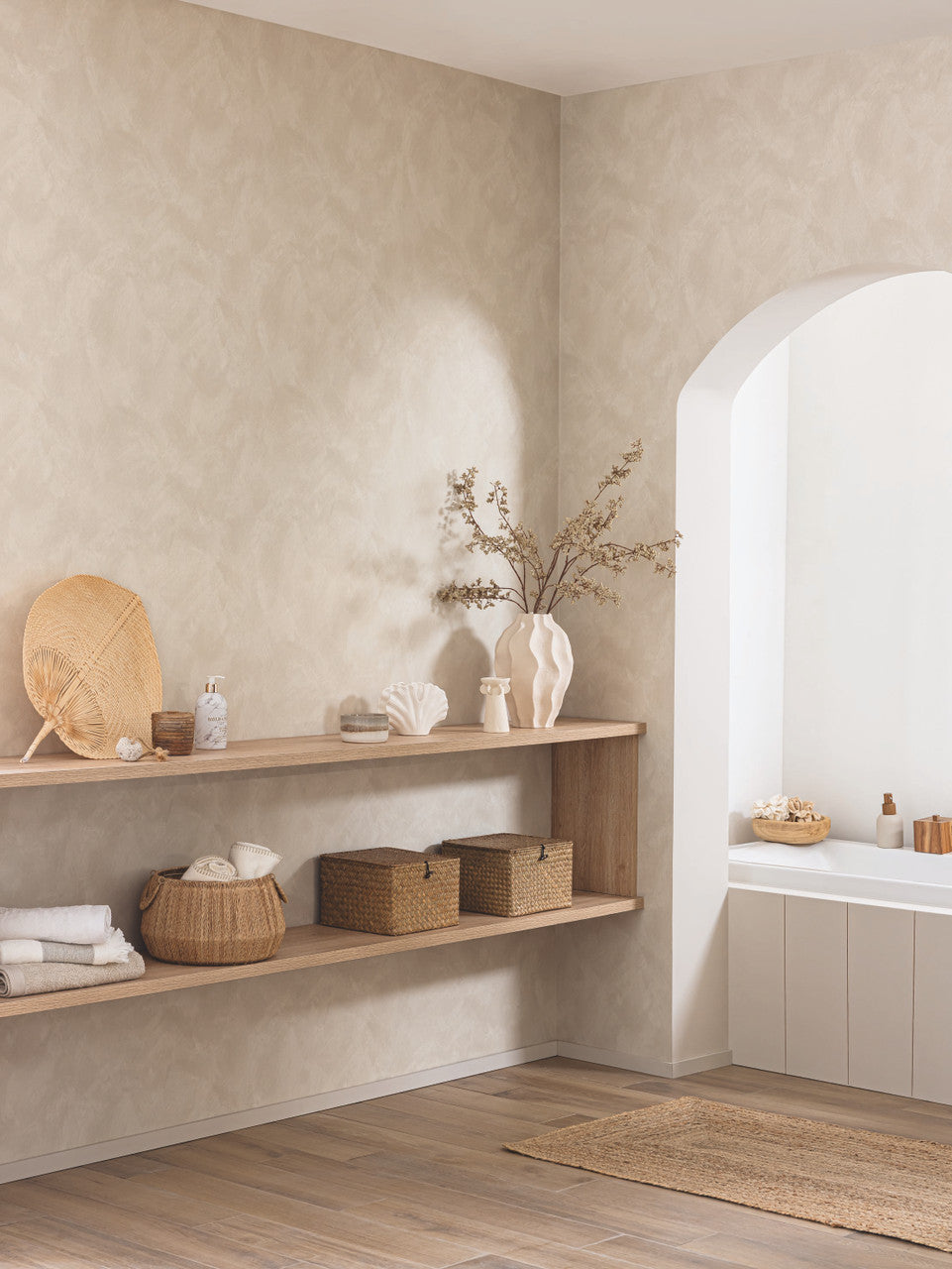 Plain Matte wallpaper in Taupe by Natty & Polly, styled in a living room