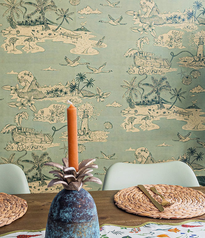 Castaway wallpaper in Sage Green by Natty & Polly, full pattern view