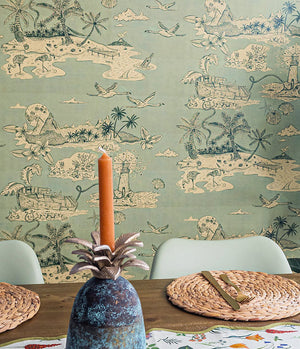 Castaway wallpaper in Sage Green by Natty & Polly, full pattern view