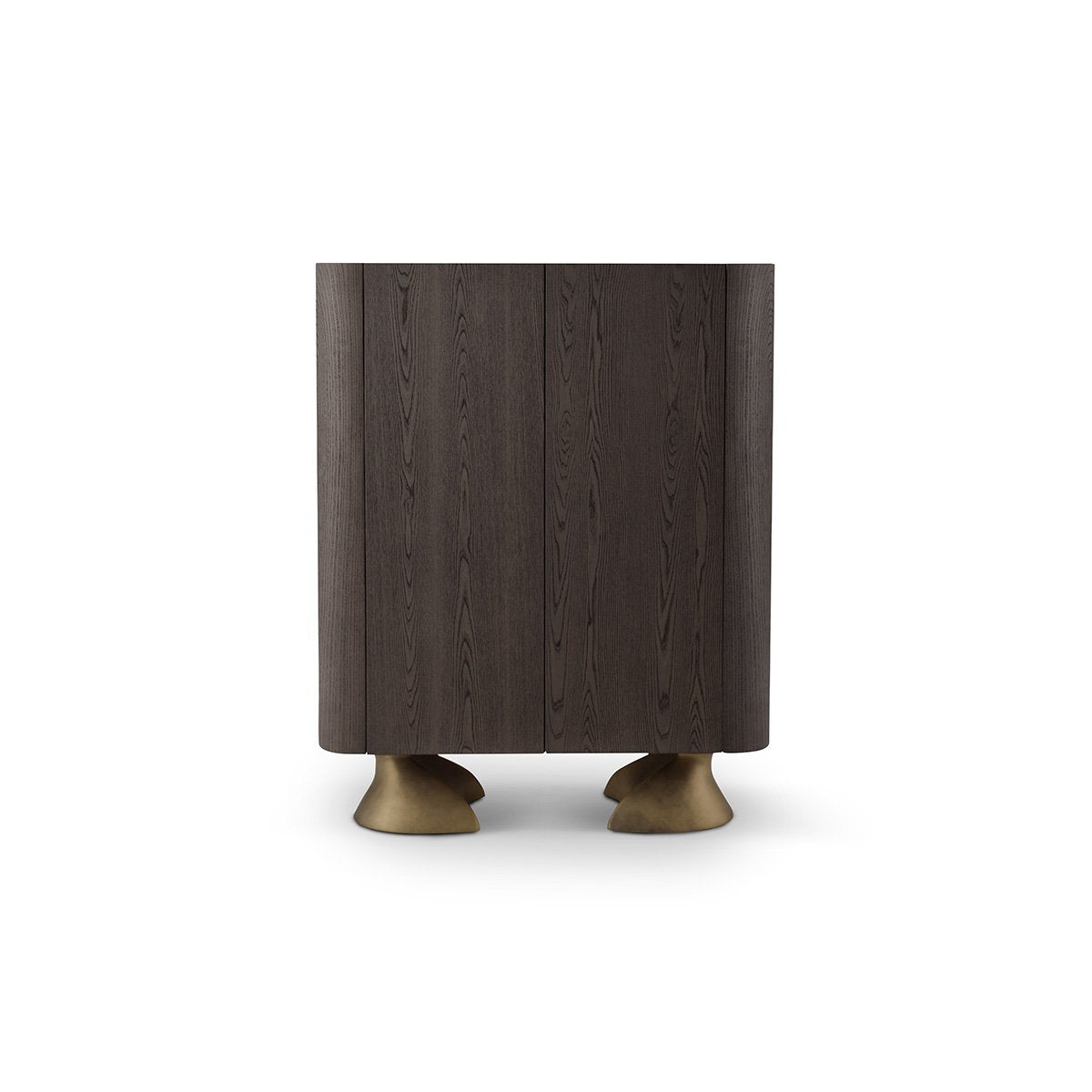 Maison Debrah Jelvor rounded dark elm bar cabinet with white ceramic top and brass feet