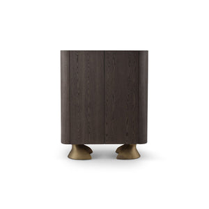 Maison Debrah Jelvor rounded dark elm bar cabinet with white ceramic top and brass feet