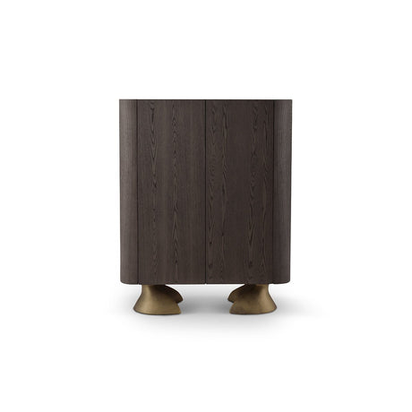 Maison Debrah Jelvor rounded dark elm bar cabinet with white ceramic top and brass feet