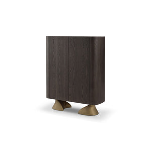 Maison Debrah Jelvor rounded dark elm bar cabinet with white ceramic top and brass feet — view 2