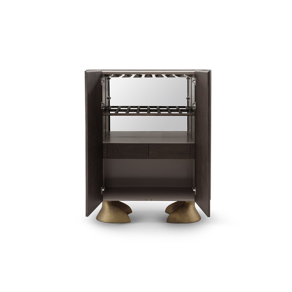 Maison Debrah Jelvor rounded dark elm bar cabinet with white ceramic top and brass feet — view 3